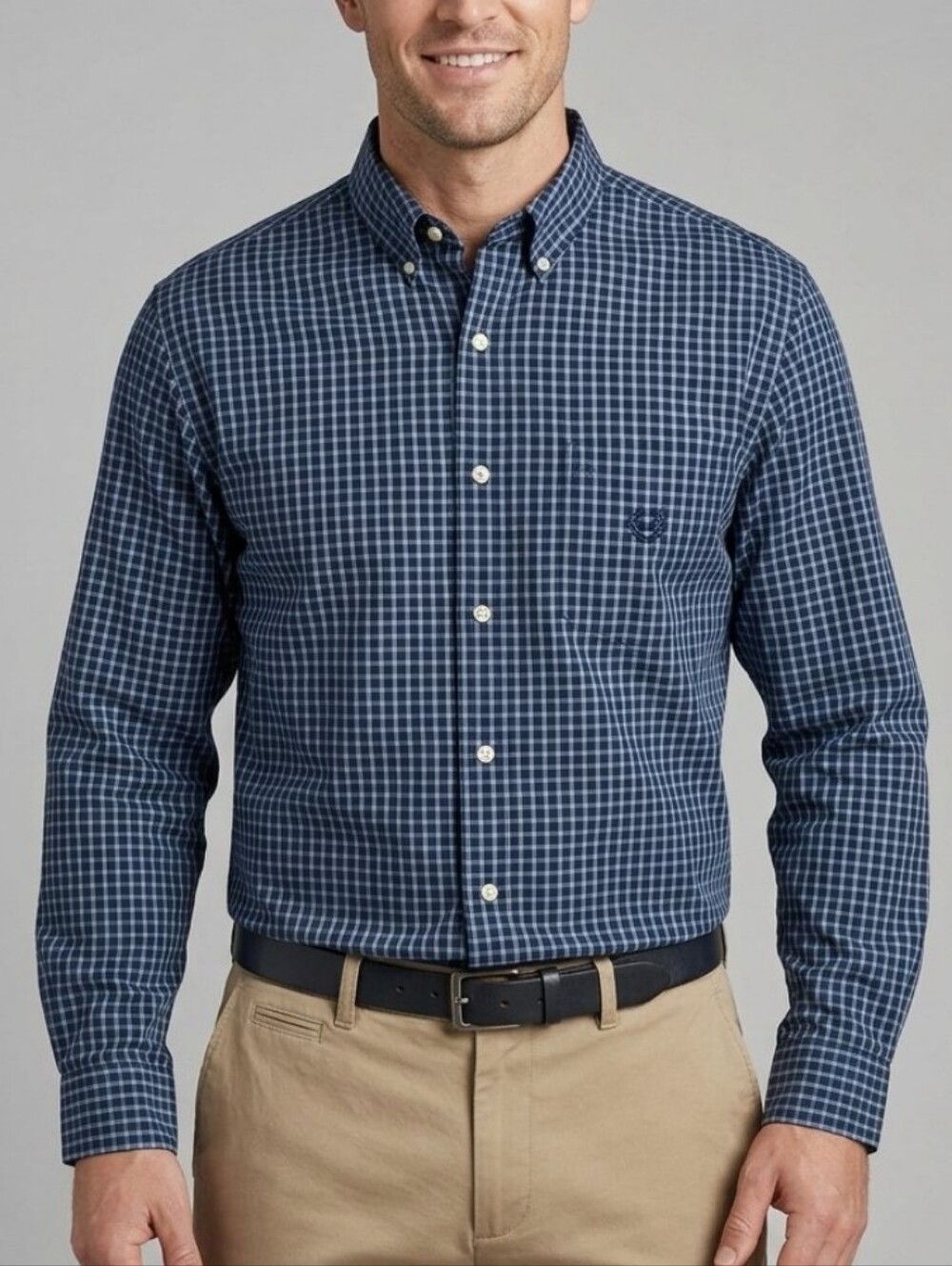 Chaps Easy Care Navy Blue Plaid Button-Down Long Sleeve Casual Dress Shirt